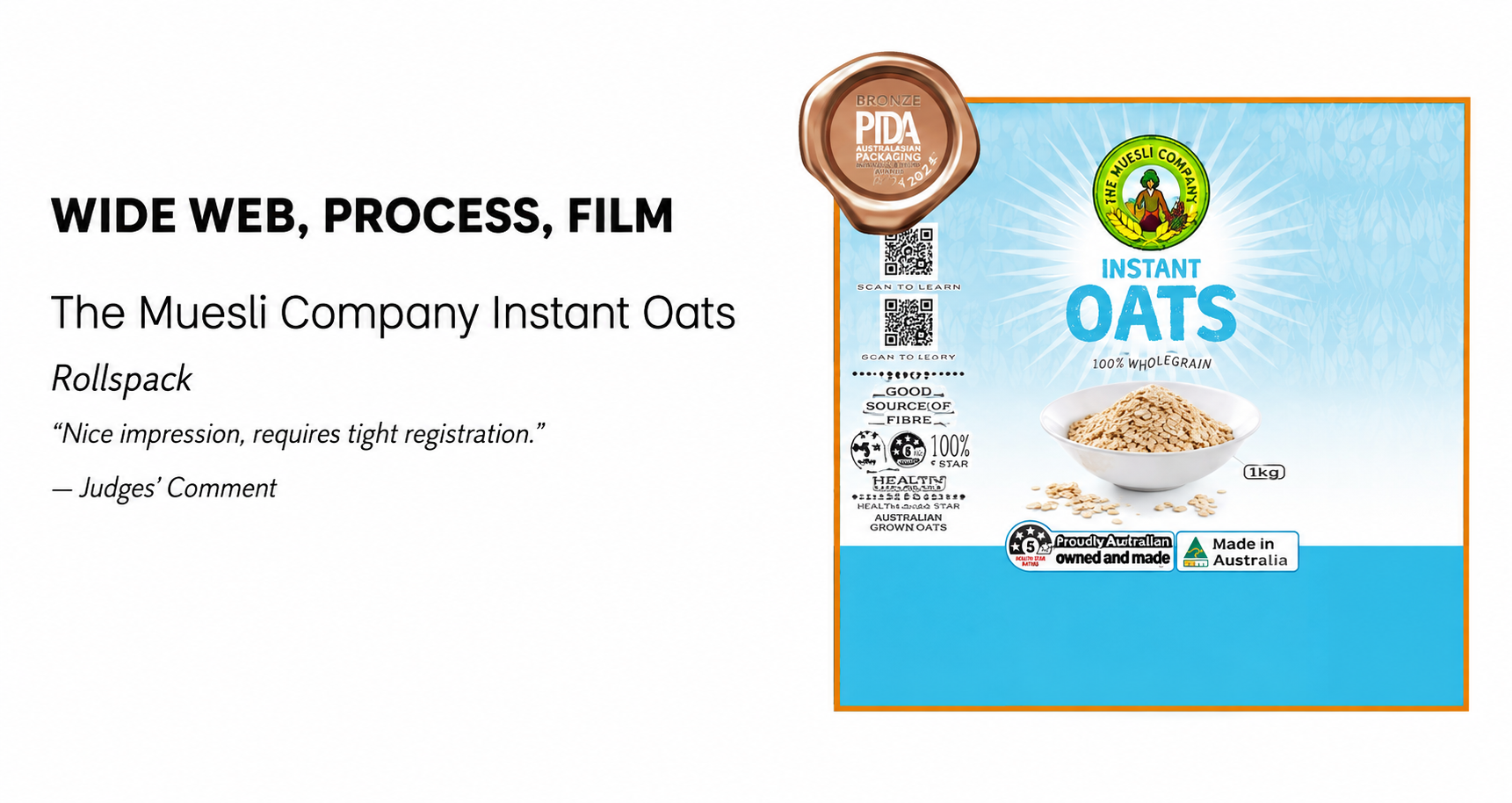 The Muesli Company Instant Oats packaging recognised at the 2026 FTA Excellence in Flexography Awards.
